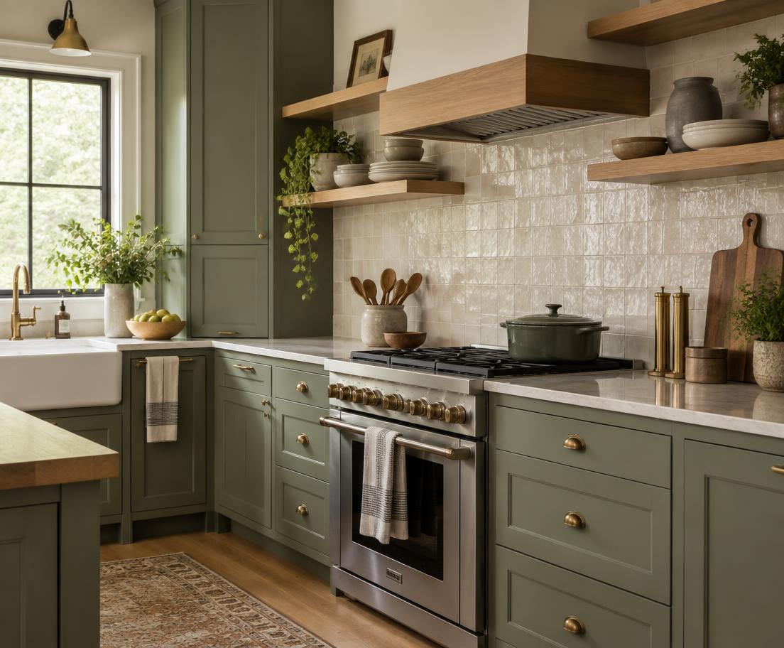 Thoughtful sage and wood kitchen cabinetry details